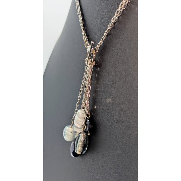 Silver Tone Double Square Link Chain Front Toggle Glass Bead Tassel 17" Necklace - Picture 3 of 7